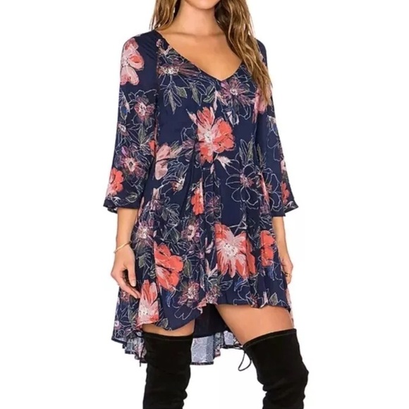 Free People Womens Indie Boho Navy Fairy Floral Trapeze 2 Dress Romantic Grunge - Picture 10 of 17